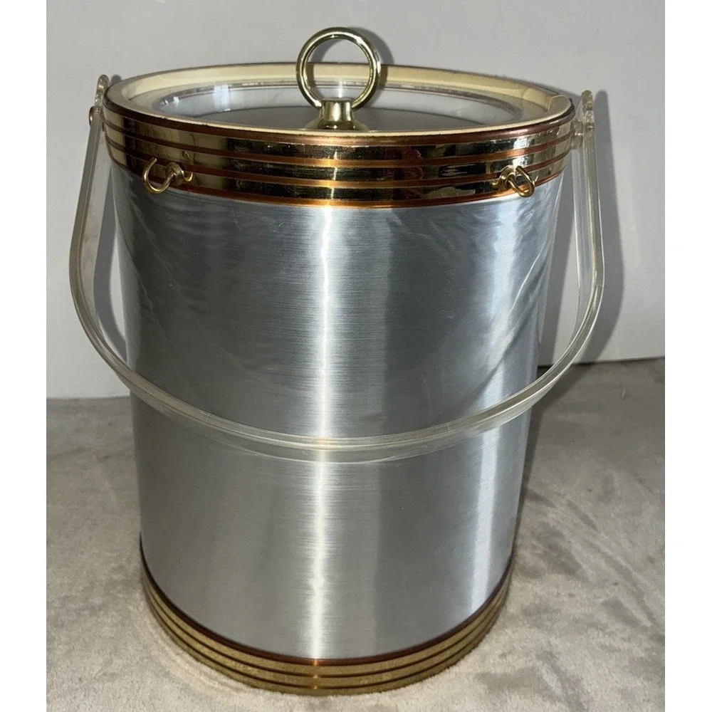 VTG Ice Bucket Silver Vinyl Gold Copper Accents Hooks Barware Shelton MCM *spots